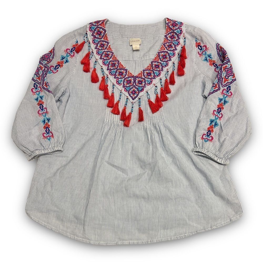 Chico’s Boho Embroidered Tassel Blouse Top Size 0